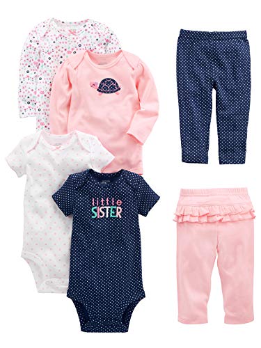 Conjunto de 6 piezas de monos (manga corta y manga larga) y pantalones para niñas pequeñas de Simple Joys by Carter, multicolor, lunares, flores, corazones y tortuga, de 6 a 9 meses