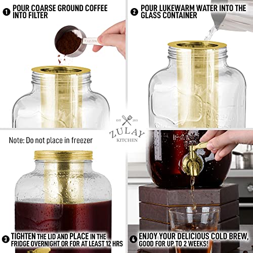 ***Zulay Kitchen 1 Gallon Cold Brew Coffee Maker - Large Iced Tea & Cold Brew Pitcher with Extra-Thick Glass & Stainless Steel Infuser - Drink & Beverage Dispenser Jar with Airtight Lid & Spout (Gold)