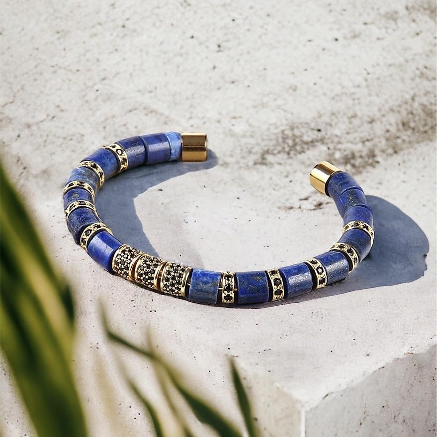 My Harmony Tree Lapis Lazuli & Gold Metal Beads Cuff Bracelet, Adjustable