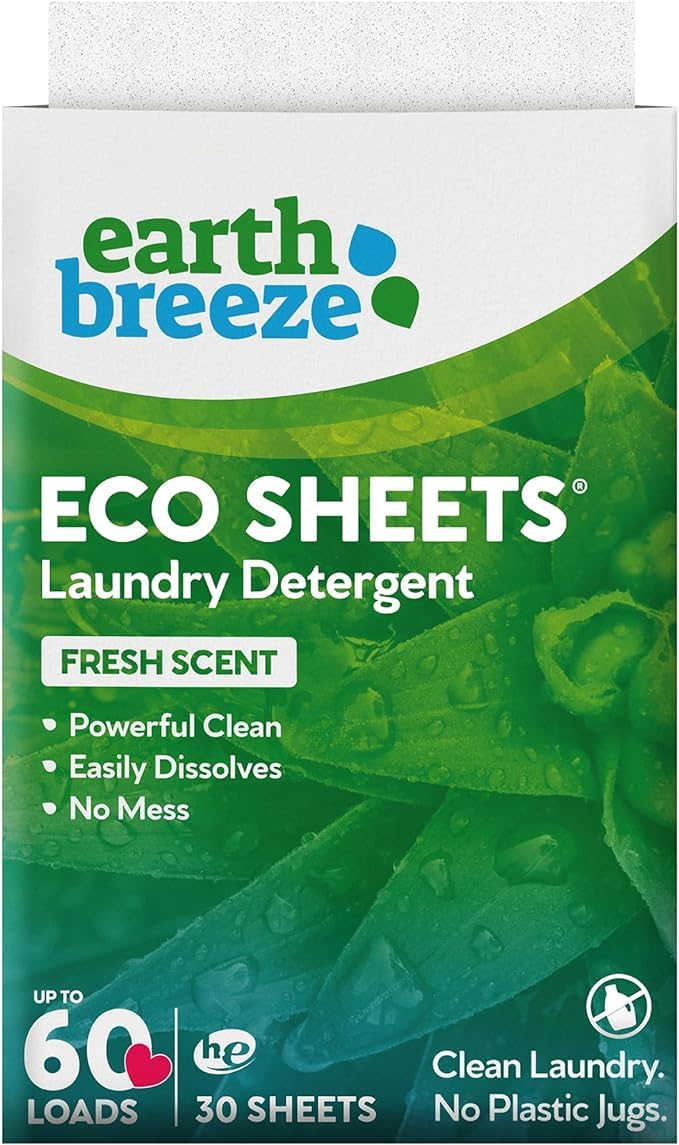 Hojas de detergente para ropa Earth Breeze con aroma fresco, 60 cargas, detergente para ropa concentrado sin recipiente de plástico, 30 hojas