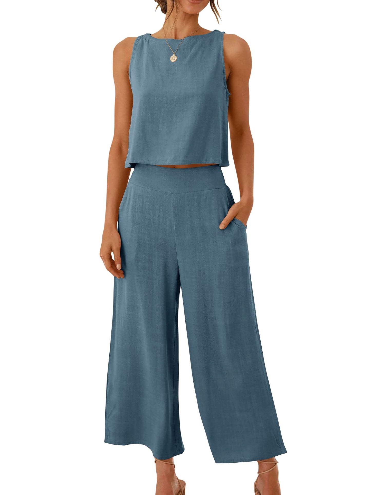 ANRABESS Women's Summer 2 Piece Outfits Sleeveless Crop Top Capri Wide Leg Pants Jumpsuit Casual Linen Lounge Matching Sets Beach Travel 2024 Trendy Clothes Gray Blue Small