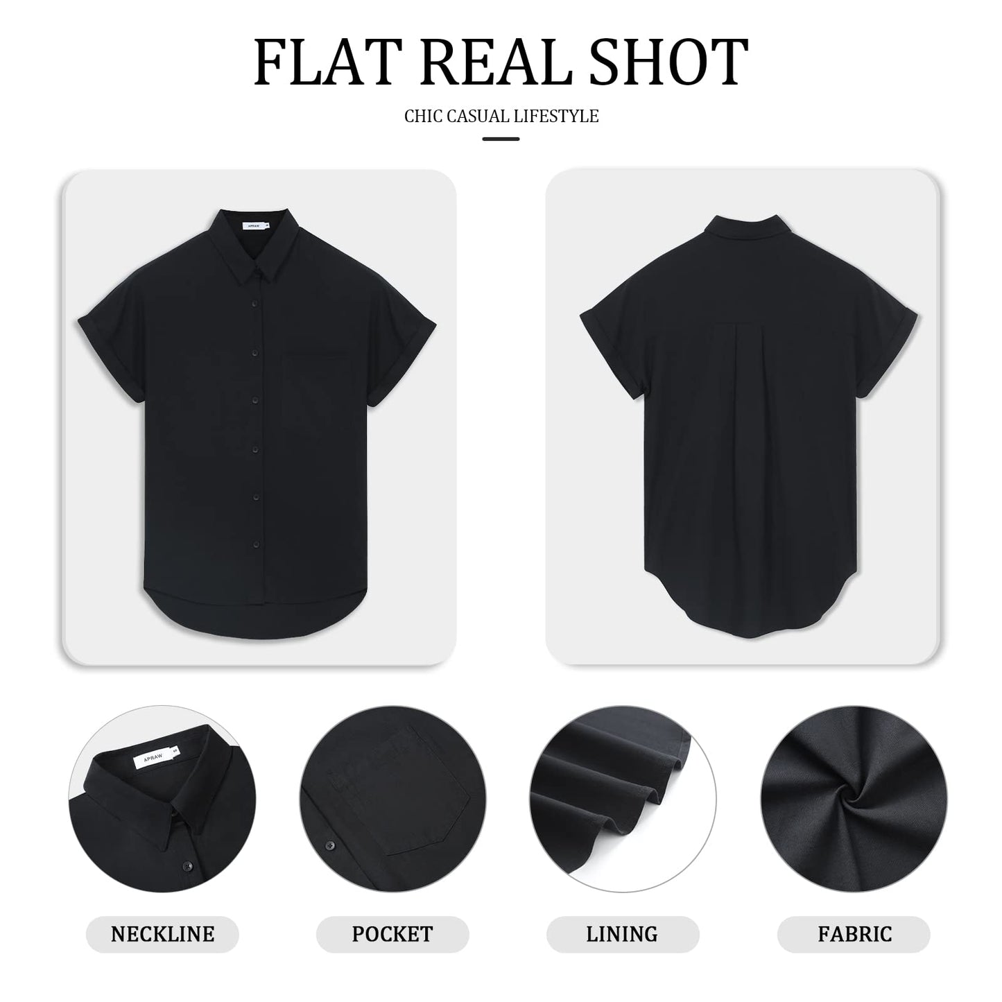 APRAW Womens Casual Short Sleeve Button Down Shirts Summer Cotton Plain Top Blouses with Pockets Black