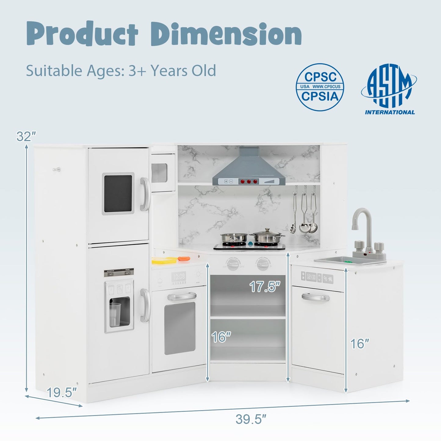 Juego de cocina para niños Costzon Corner, juego de cocina de madera con sonidos y luz reales, agua corriente, lavabo separado, microondas, máquina de hielo, cocina de juguete para niños y niñas de 3 años en adelante