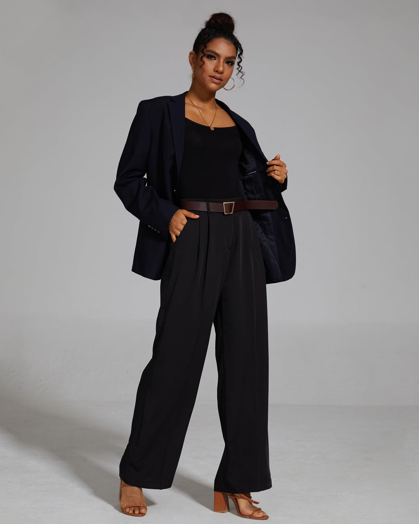 FUNYYZO Women's Wide Leg Pants High Elastic Waisted in The Back Business Work Trousers Long Straight Suit Pants