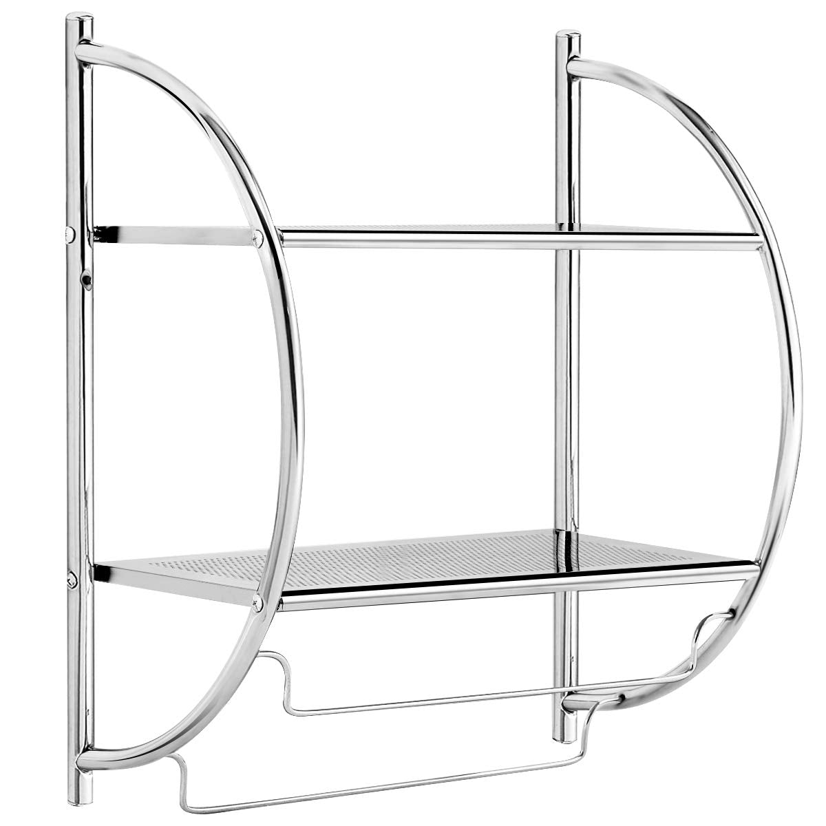 Tangkula Wall Mount 2 Tier Bathroom Shelf with Bars, 18" W X 10" D X 22" H, Chrome Bathroom Shelf, Home Toilet Double Layer Shelf, Rustproof Chrome Shelf