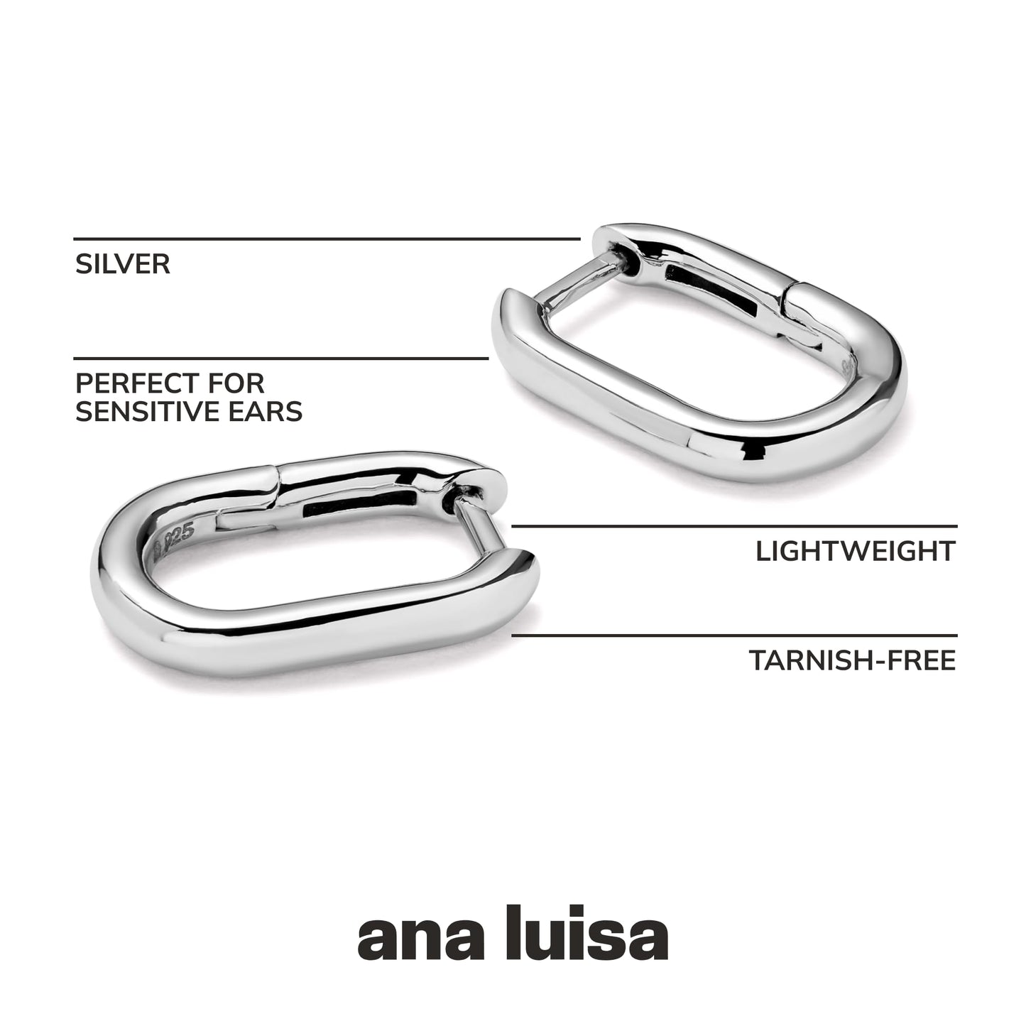 Colección de aretes de Ana Luisa Rox: elegantes aros de plata rodiada y bañados en oro de 14 quilates en tamaños pequeños y mini | Hipoalergénicos | Resistentes al agua | No se deslustran | Elaborados en plata esterlina 100 % reciclada