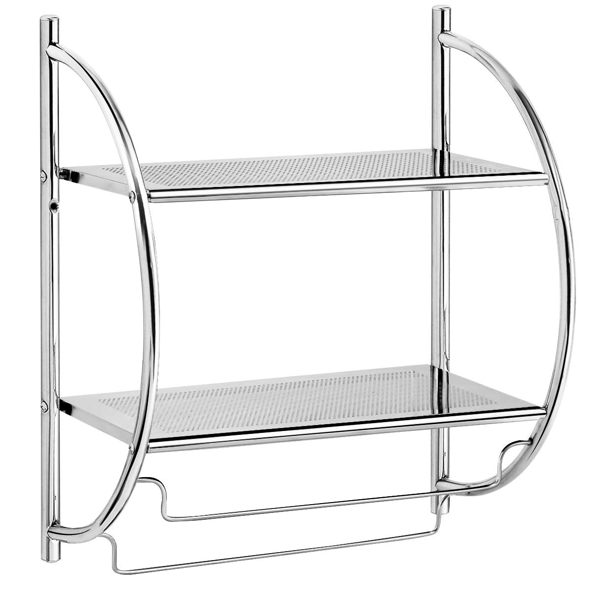 Tangkula Wall Mount 2 Tier Bathroom Shelf with Bars, 18" W X 10" D X 22" H, Chrome Bathroom Shelf, Home Toilet Double Layer Shelf, Rustproof Chrome Shelf