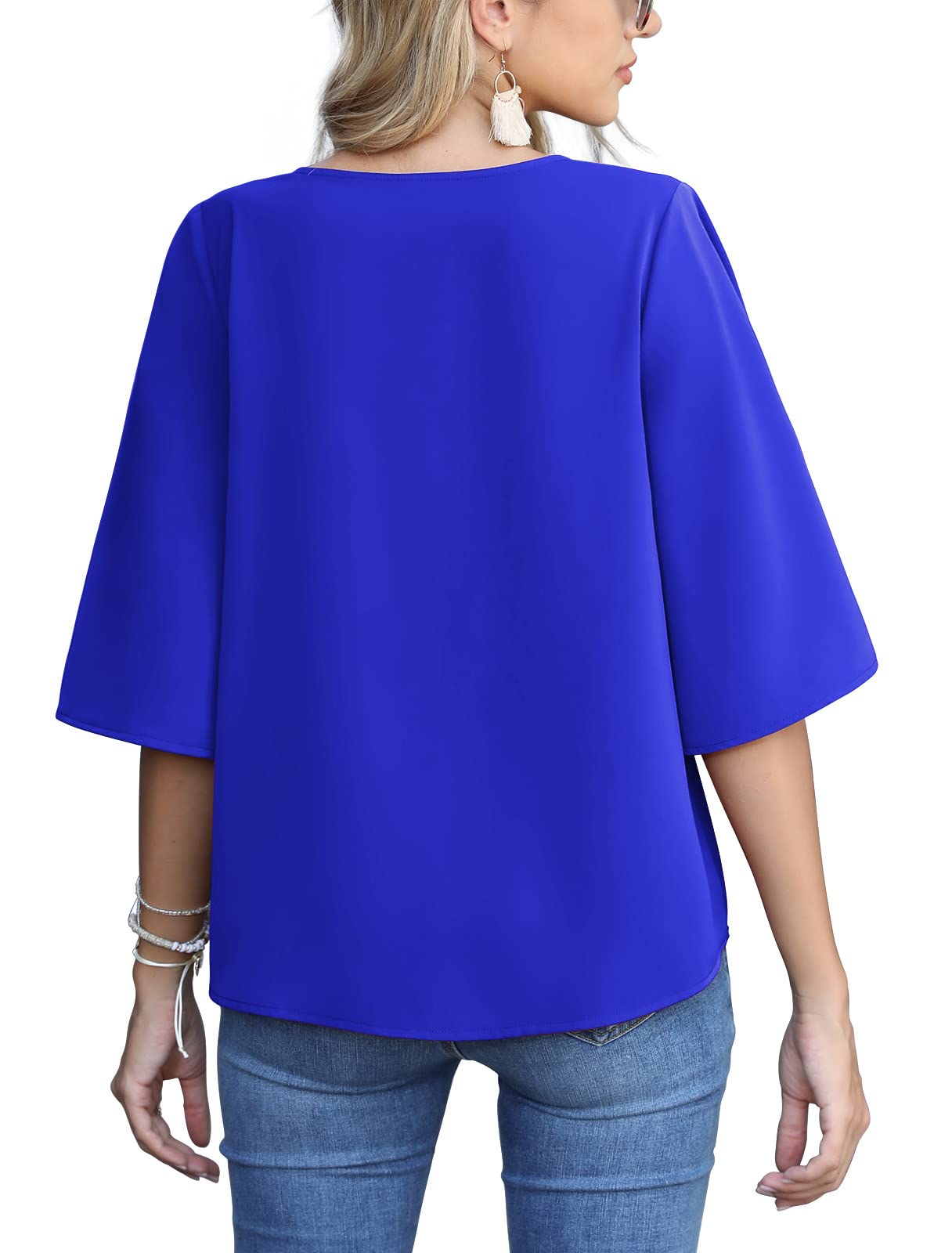 AWULIFFAN Women's Casual V Neck Batwing Sleeve Tops Tie Knot Chiffon Button Down Shirts (Royal Blue,X-Large)