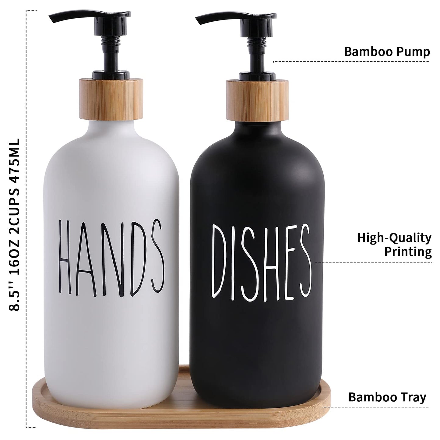 MOMEEMO Glass Soap Dispenser Set, Contains Hand Soap and Dish Soap Dispenser.Suitable for Kitchen Decor. (Black & White)