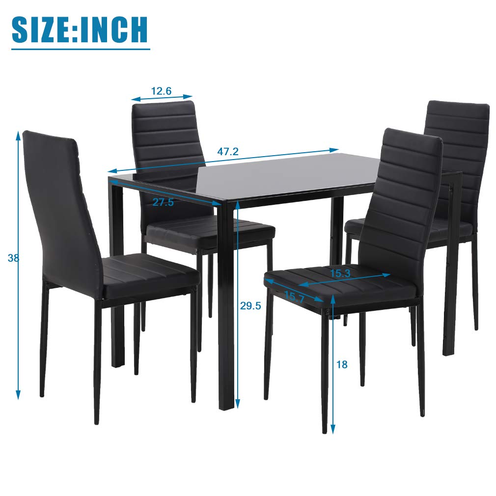 Juego de mesa de comedor FDW, juego de mesa de comedor de vidrio para espacios pequeños, mesa de cocina y sillas para 4, mesa con sillas, muebles para el hogar rectangulares modernos (vidrio negro)