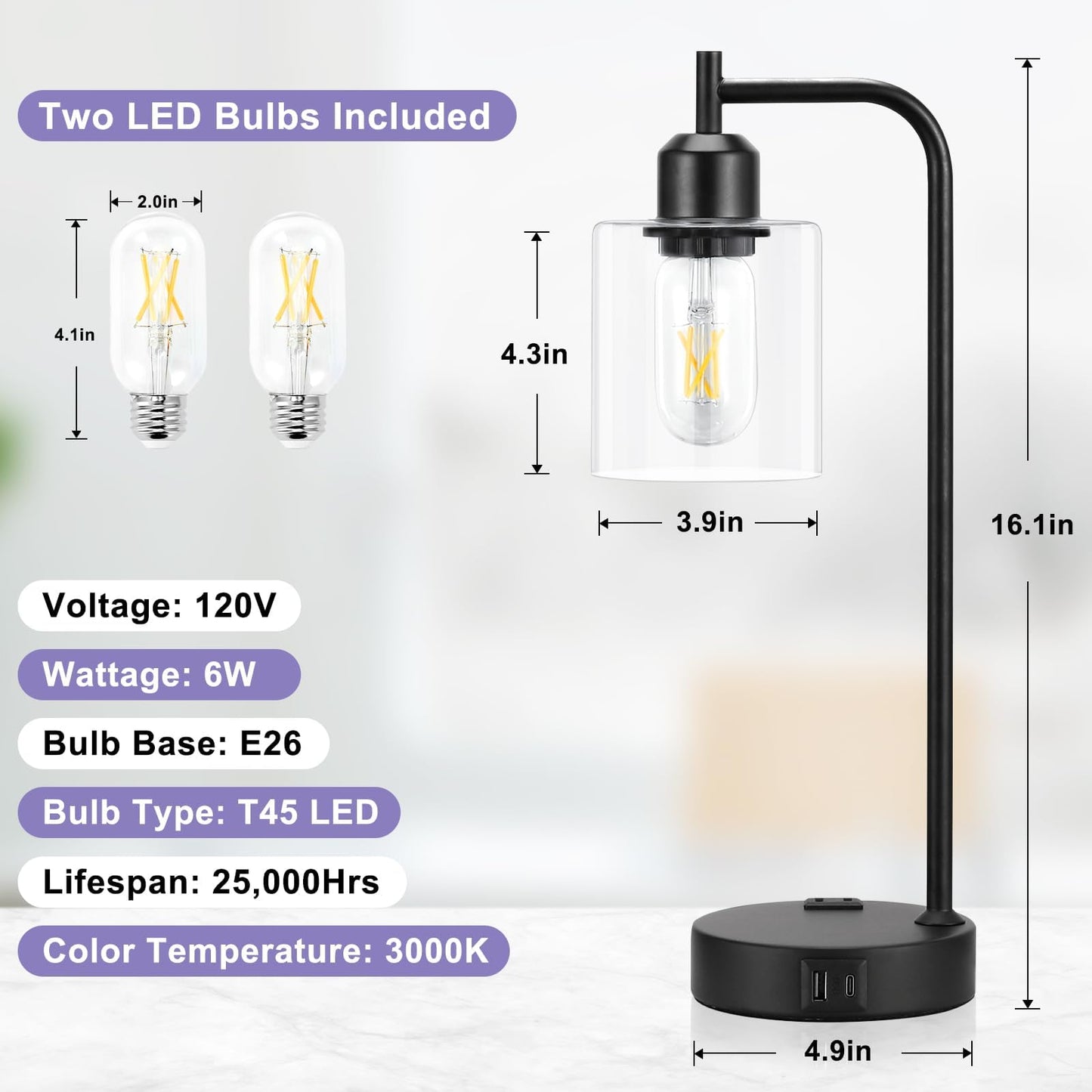 Industrial Touch Table Lamps for Bedrooms Set of 2 - 3-Way Dimmable Nightstand Lamps with USB C+A Ports and Outlet, Black Bedside Lamps with Glass Shade for Living Room, Desk Lamps for Home Office