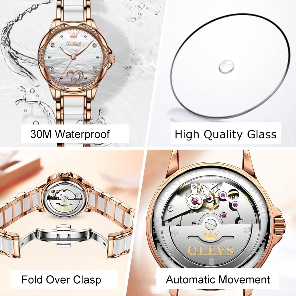 Reloj automático OLEVS de cuerda automática para mujer, de acero inoxidable, oro rosa, cerámica, esfera grande, corazón blanco, diamantes, nácar, resistente al agua, fecha, reloj para mujer en dos tonos