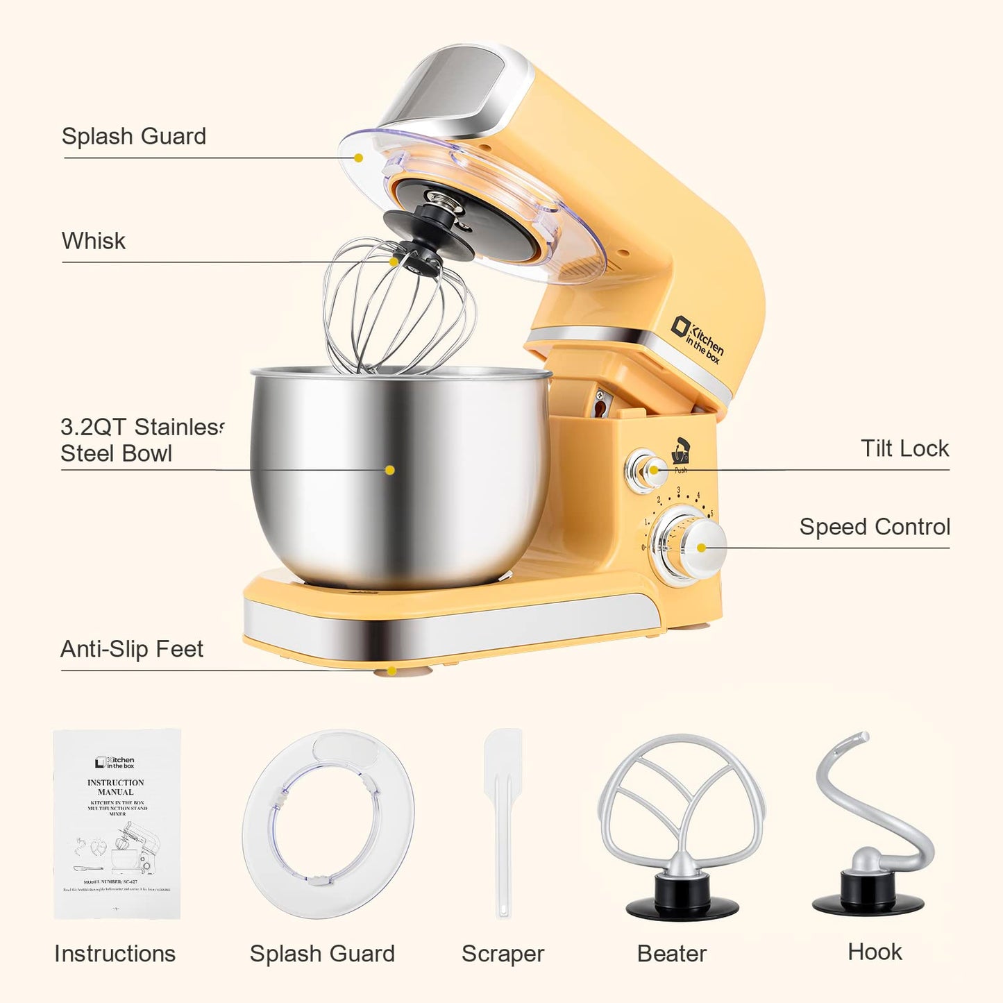 Kitchen in the box Stand Mixer,3.2Qt Small Electric Food Mixer,6 Speeds Portable Lightweight Kitchen Mixer for Daily Use with Egg Whisk,Dough Hook,Flat Beater (Yellow)