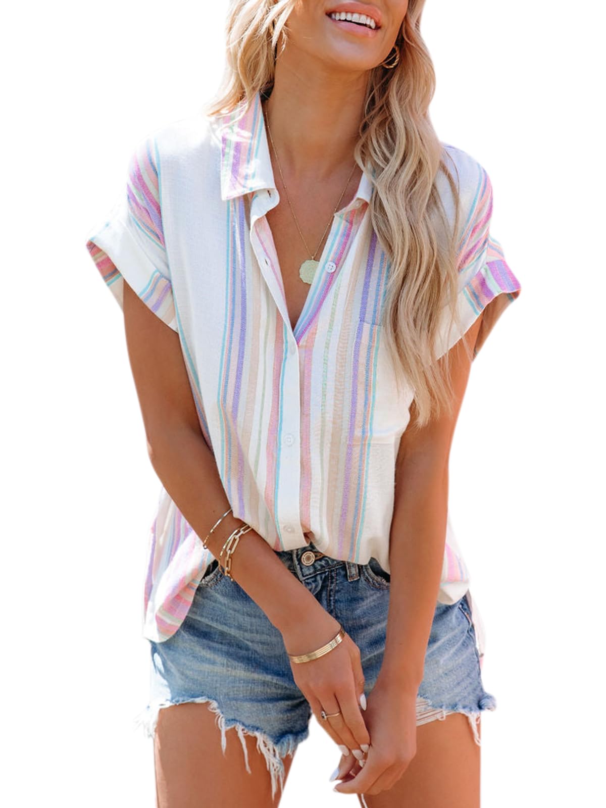 Aoudery Womens Button Down Shirts Short Sleeve Summer Linen V Neck Collared Stripes Casual Blouses Tops with Pocket-Pink&Purple_Stripes 2XL