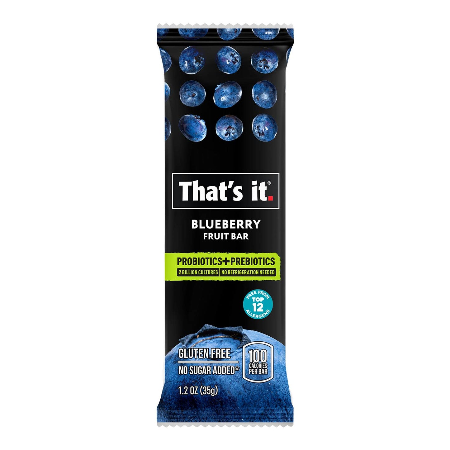 That's it. Probiotic Fruit Bar Variety Pack, Mango & Blueberry Flavors, Just Real Fruit + Probiotics, 100 Calories Per Bar, All Natural, 2-3 Ingredients, Shelf Stable, Allergy-Friendly (12 Count)