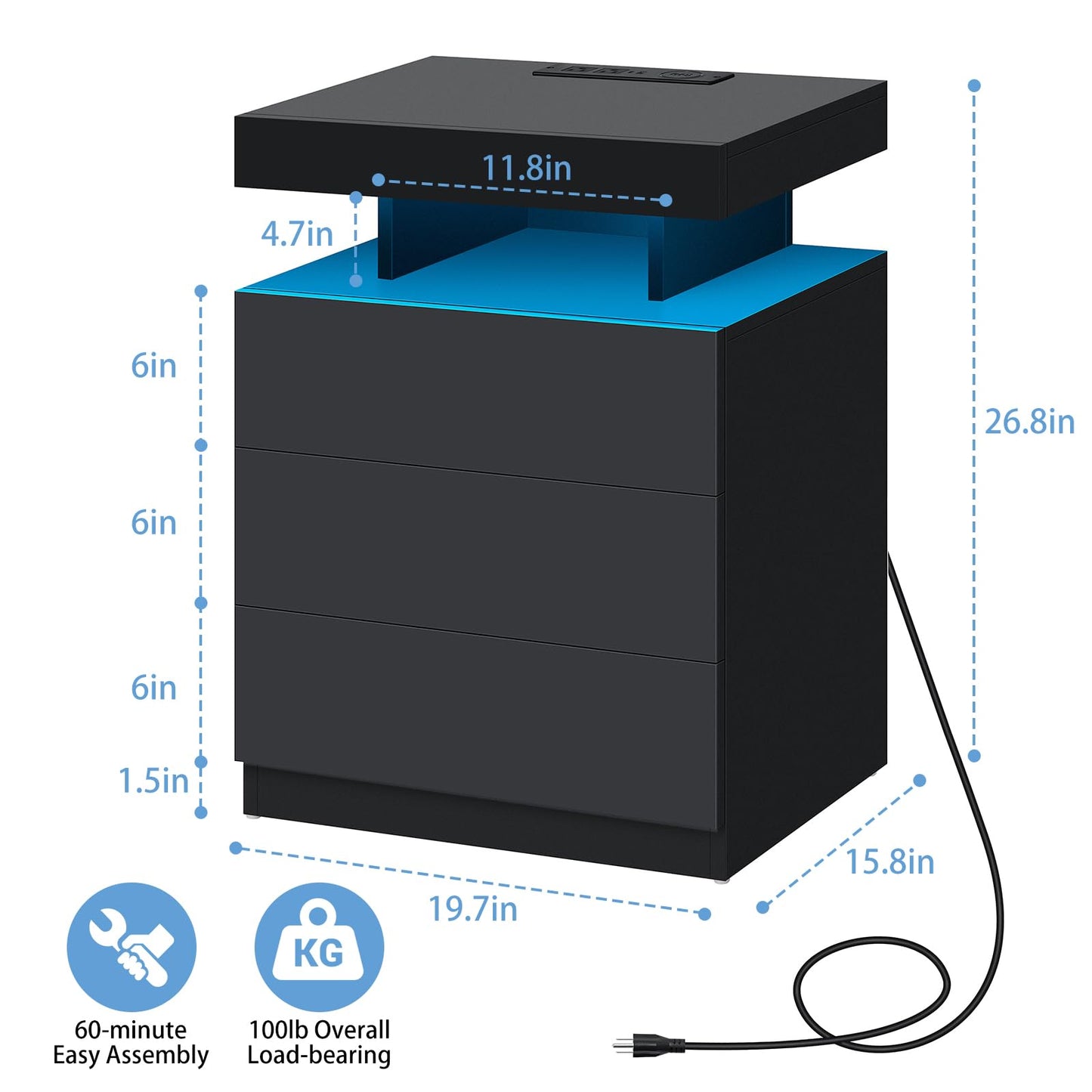 HOMMPA LED Nightstand with Wireless Charging Station 2 Outlets USB Port Type C Black Bedside Table with 3 Drawers Modern Smart LED Nightstand