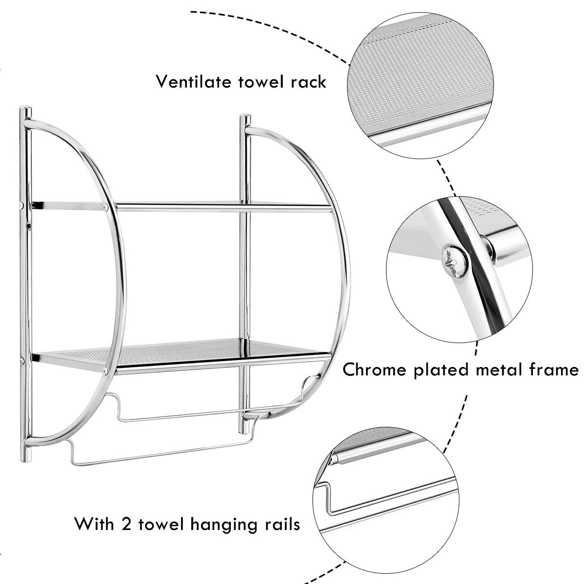 Estante de baño de 2 niveles con barras para montaje en pared Tangkula, 18" de ancho x 10" de profundidad x 22" de alto, estante de baño cromado, estante de doble capa para inodoro doméstico, estante cromado a prueba de óxido