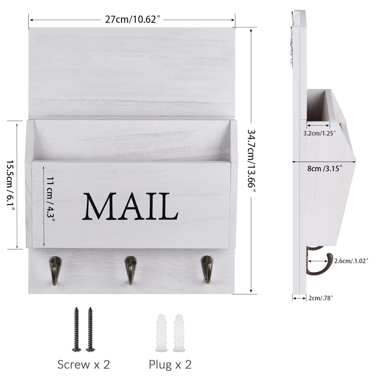 DLQuarts Mail Organizer with Key Holder for Wall Decorative Mail Sorter Wall Mounted, Wooden Mail Holder with 3 Hooks, White