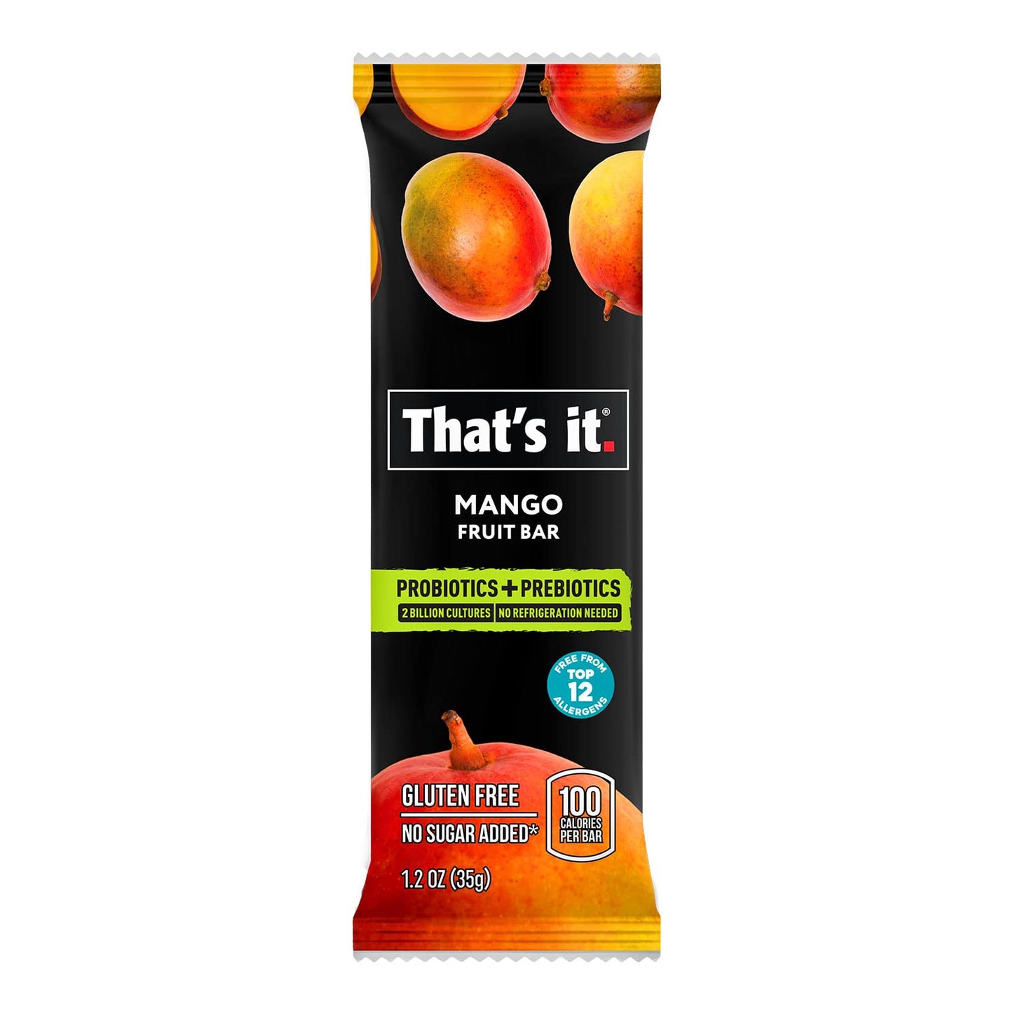 That's it. Probiotic Fruit Bar Variety Pack, Mango & Blueberry Flavors, Just Real Fruit + Probiotics, 100 Calories Per Bar, All Natural, 2-3 Ingredients, Shelf Stable, Allergy-Friendly (12 Count)