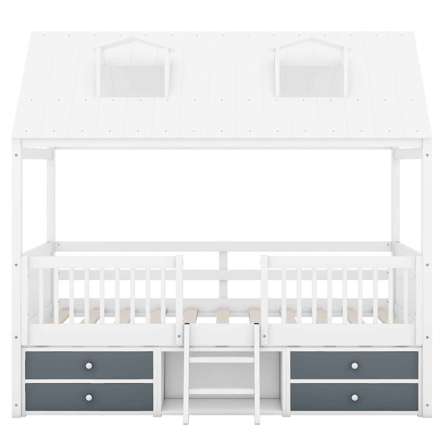 Merax Montessori House Bed Frame with Roof and Windows for Boys Girls Teens, Full Size Kids Playhouse Bed with Guardrails and Storage Drawers for Children's Room, Bedroom, Wood Slats Support, White