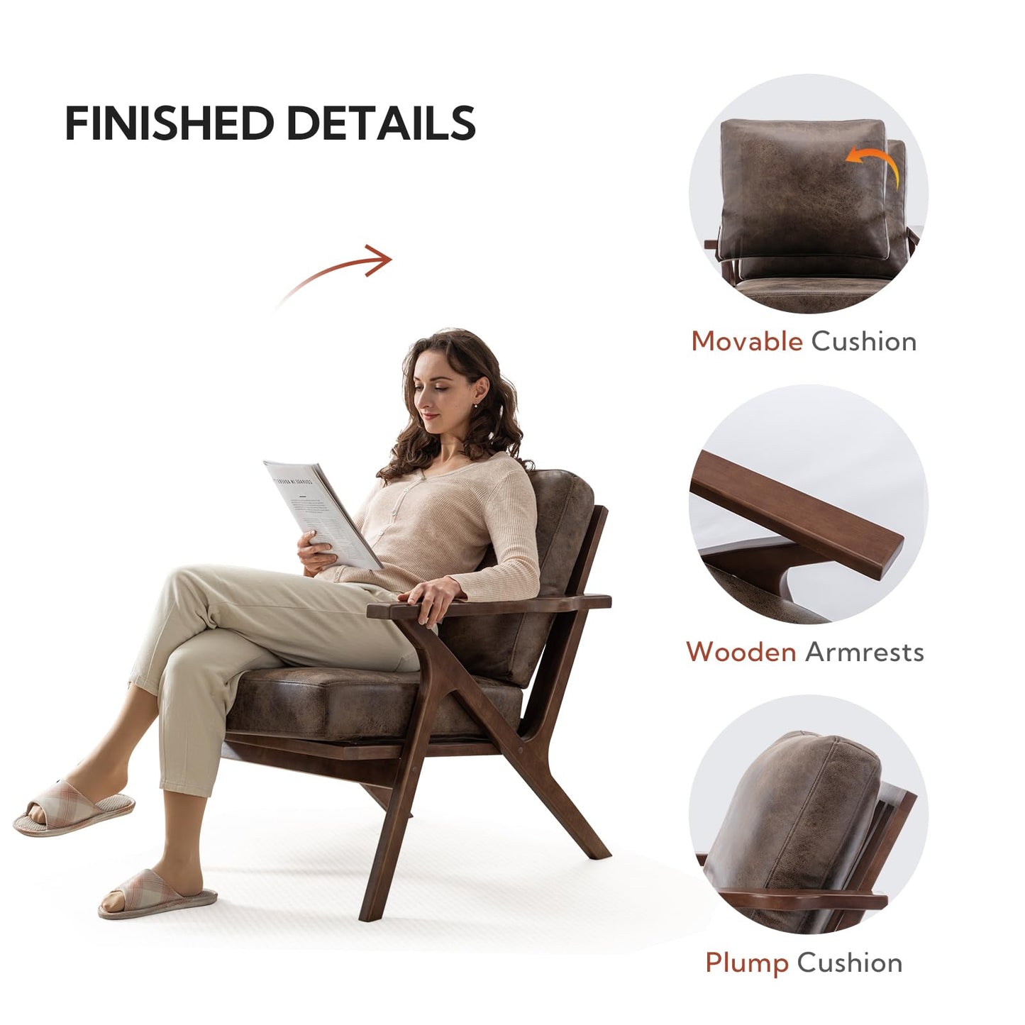 Sillones decorativos Bonzy Home para sala de estar, sillón de lectura de cuero sintético de estilo moderno de mediados de siglo con cojines tapizados extraíbles