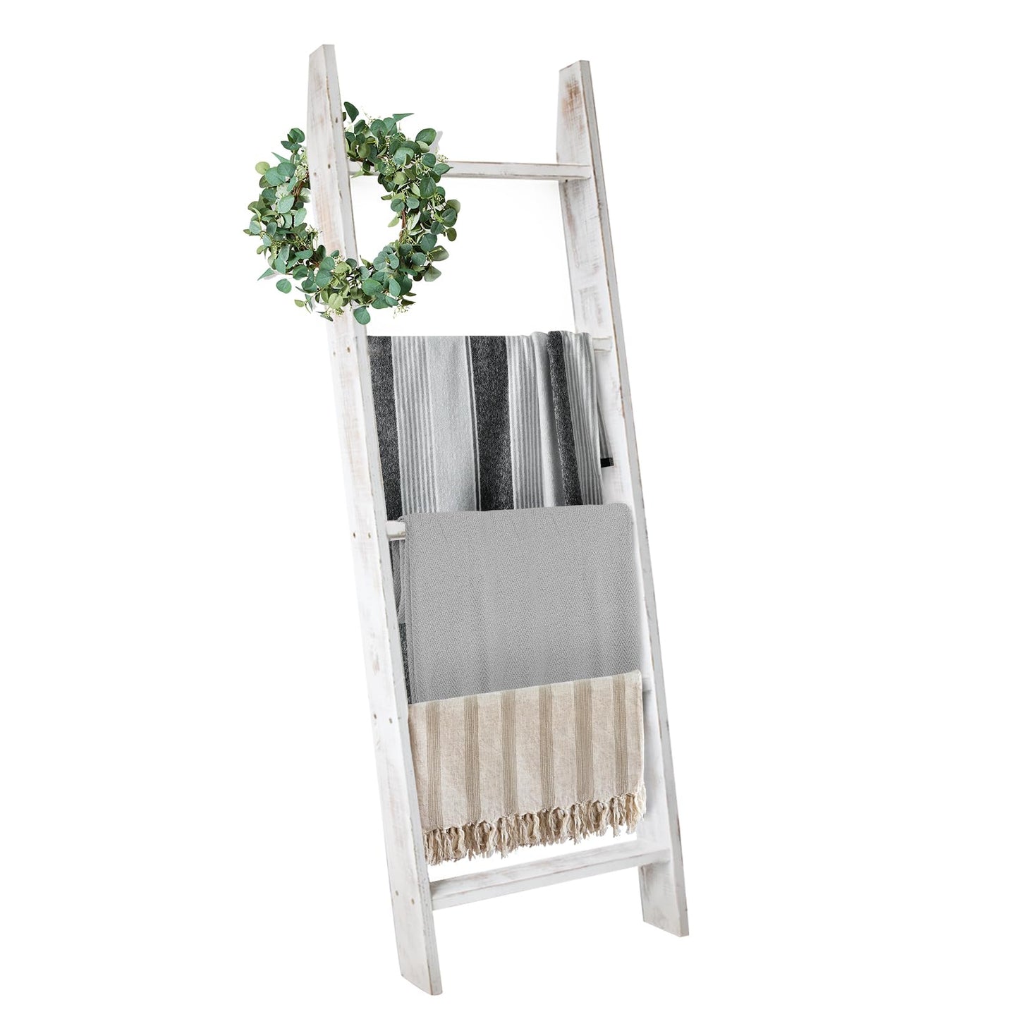 Escalera de mantas Honest para la sala de estar, escalera de colcha de madera decorativa, estante para mantas de 5 niveles, decoración de estilo rústico para sala de estar, dormitorio y baño, color blanco