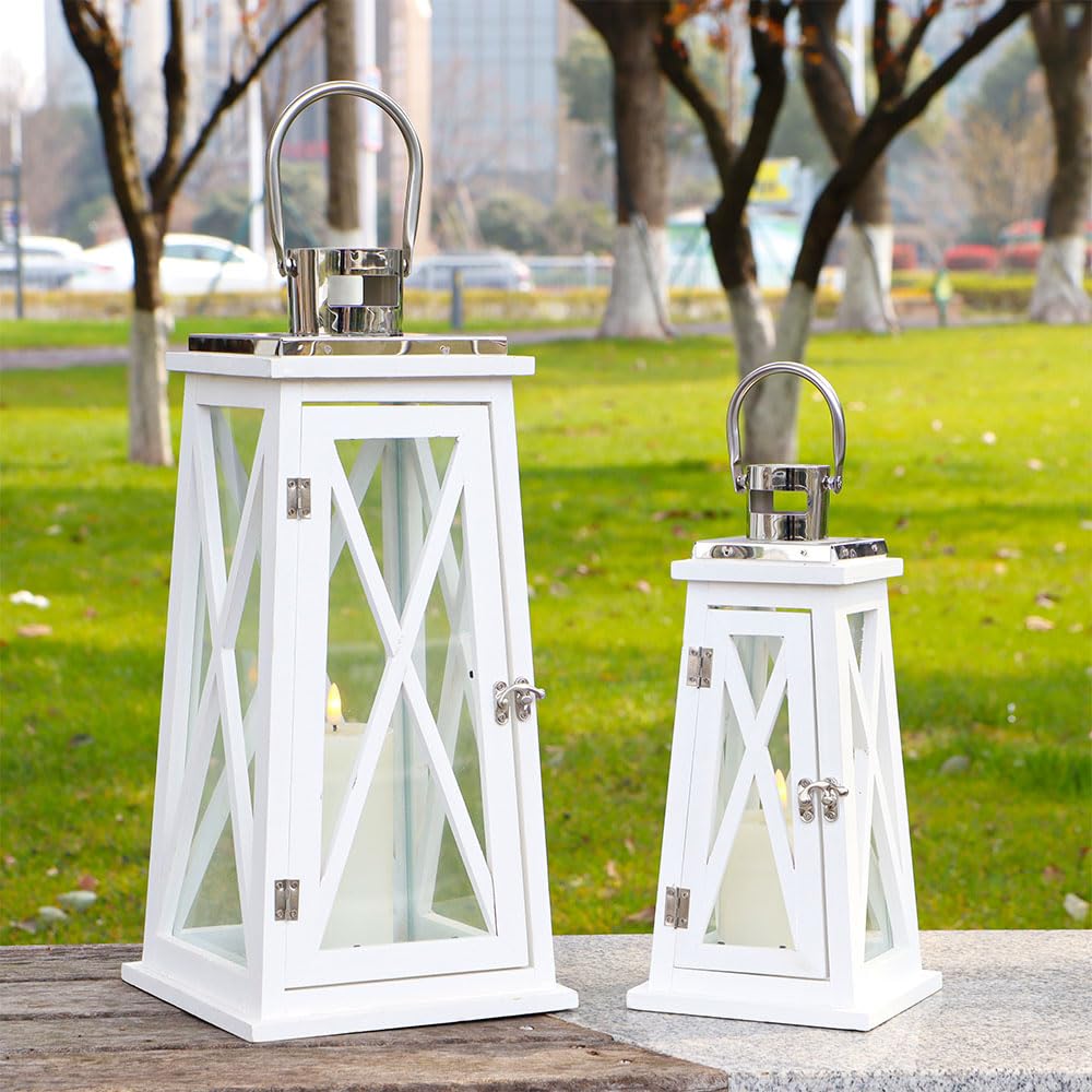 TRIROCKS Set of 2 Farmhouse Wood Candle Lantern 22'' &15.5'' H Decorative Candle Holders with Tempered Glass Rustic Hanging Lantern for Garden Patio Wedding Parties Indoor Outdoor(White Trapezoid)