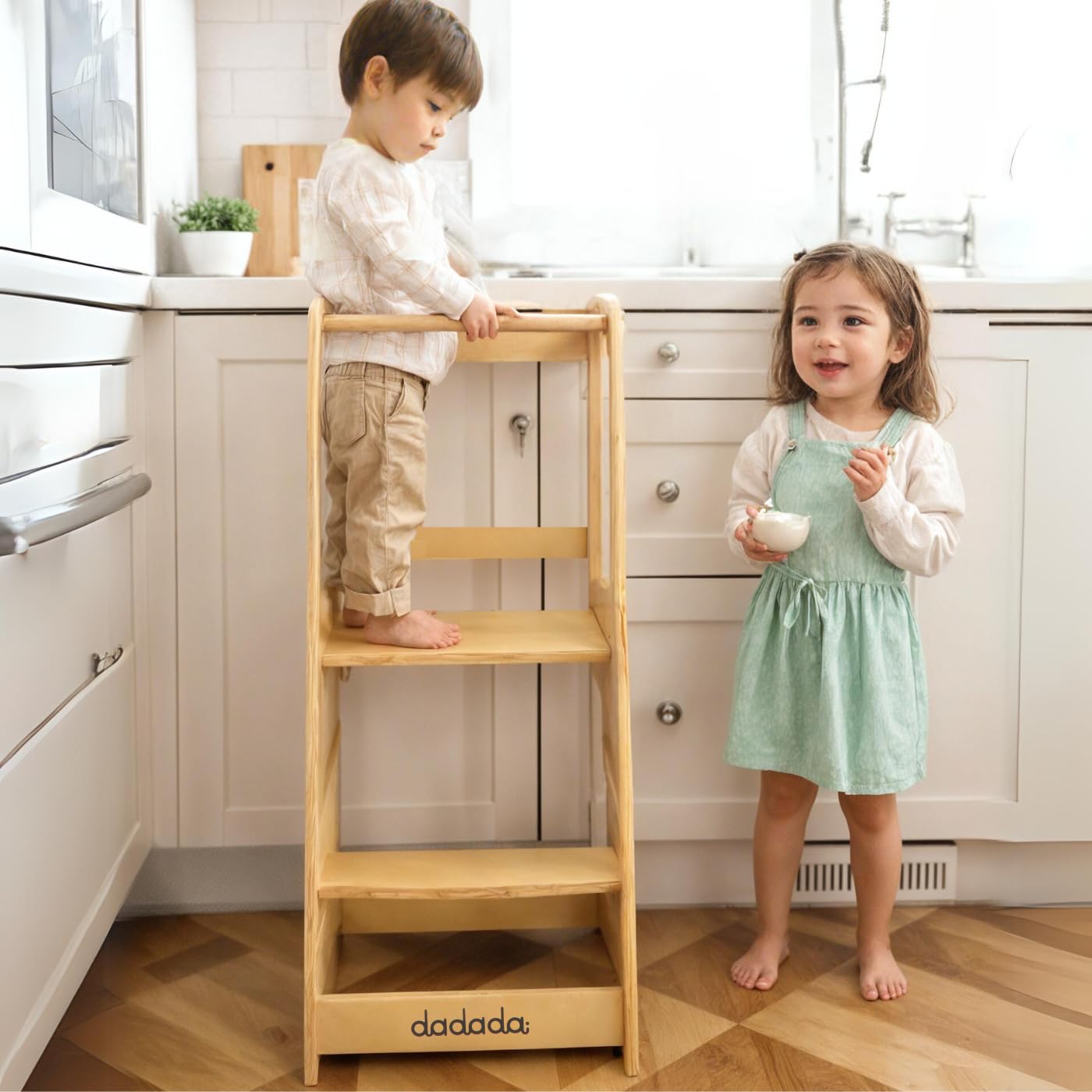 ***dadada Toddler Tower - Kids Step Stool with Safety Rail - Adjustable Montessori Step Stool for Kids - Toddler Learning Tower with Protection - Kitchen Toddler Step Stool - Sage