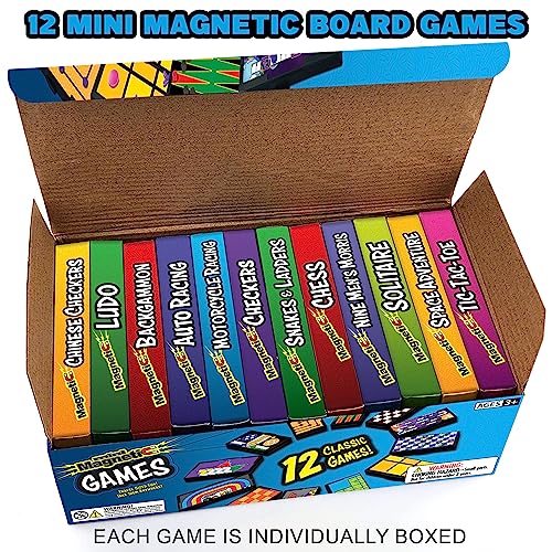 Juego de viaje con tablero magnético pequeño Gamie: incluye 12 juegos divertidos retro, diseño compacto de 5 pulgadas, empaquetado individualmente, enseña estrategia y concentración, viajes por carretera, campamentos para niños de 6 años en adelante