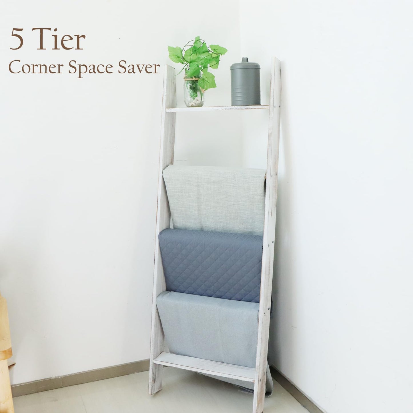 Escalera de mantas Honest para la sala de estar, escalera de colcha de madera decorativa, estante para mantas de 5 niveles, decoración de estilo rústico para sala de estar, dormitorio y baño, color blanco