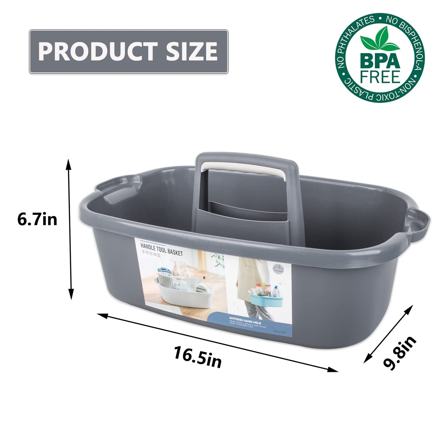 Cesta de ducha portátil grande para suministros de limpieza, organizador de suministros con asa, cubo de plástico para almacenamiento de herramientas para baño, dormitorio, cocina, dormitorio universitario, debajo del fregadero, jardín, gris oscuro