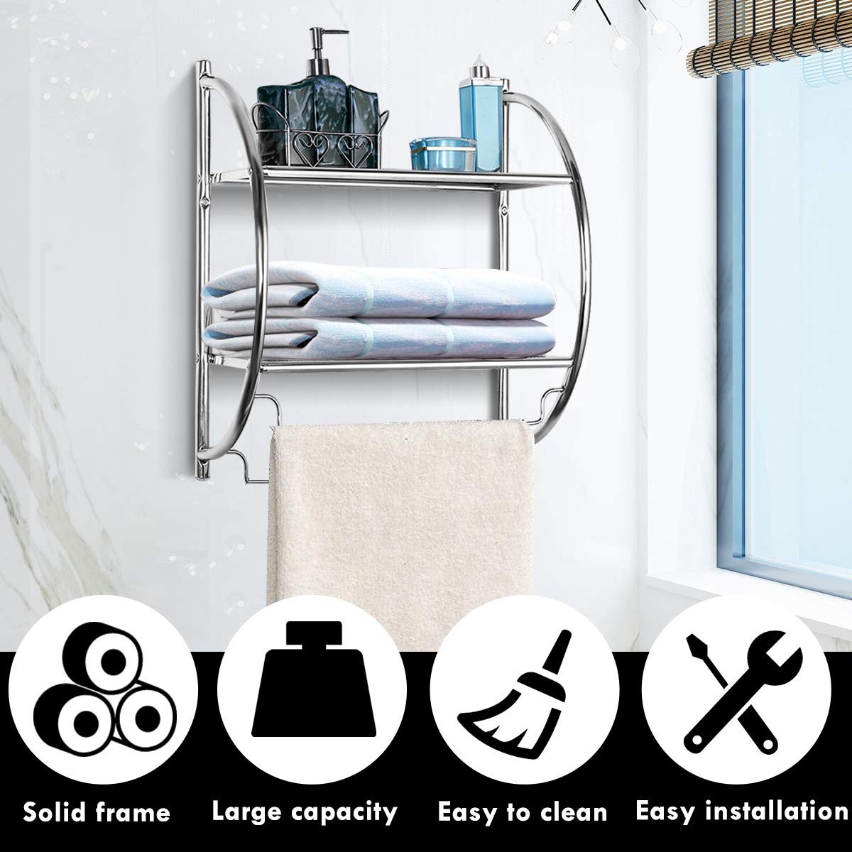 Tangkula Wall Mount 2 Tier Bathroom Shelf with Bars, 18" W X 10" D X 22" H, Chrome Bathroom Shelf, Home Toilet Double Layer Shelf, Rustproof Chrome Shelf