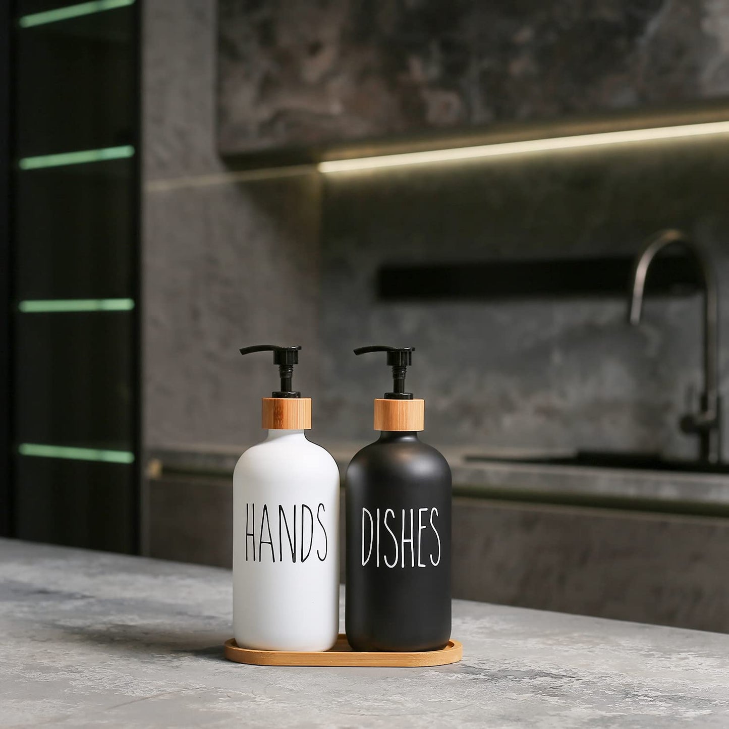 MOMEEMO Glass Soap Dispenser Set, Contains Hand Soap and Dish Soap Dispenser.Suitable for Kitchen Decor. (Black & White)