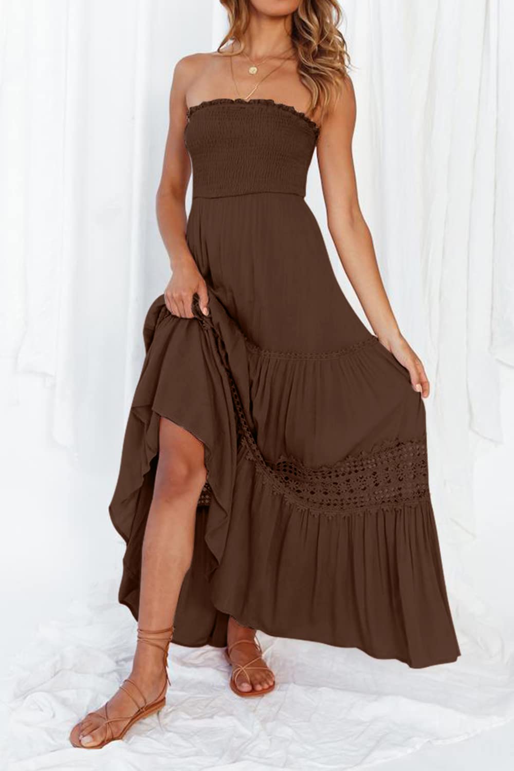 Vestido largo playero de corte A con hombros descubiertos, estilo bohemio, con encaje y espalda descubierta, para mujer de ZESICA, 2024, color café, talla XL