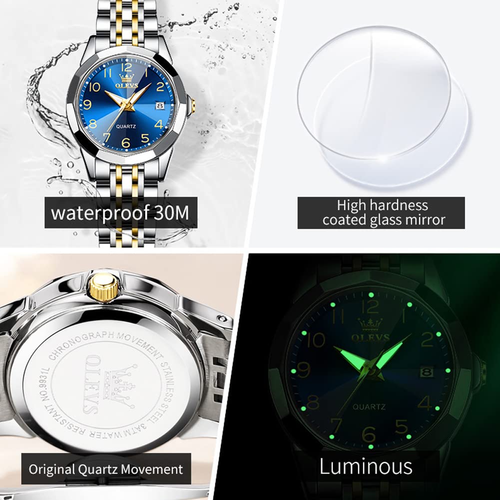 OLEVS Reloj de mujer azul de moda con diamantes para vestir, relojes para mujer, analógico, de cuarzo, plateado, de acero inoxidable, resistente al agua, luminoso, con fecha y día, reloj de pulsera de dos tonos