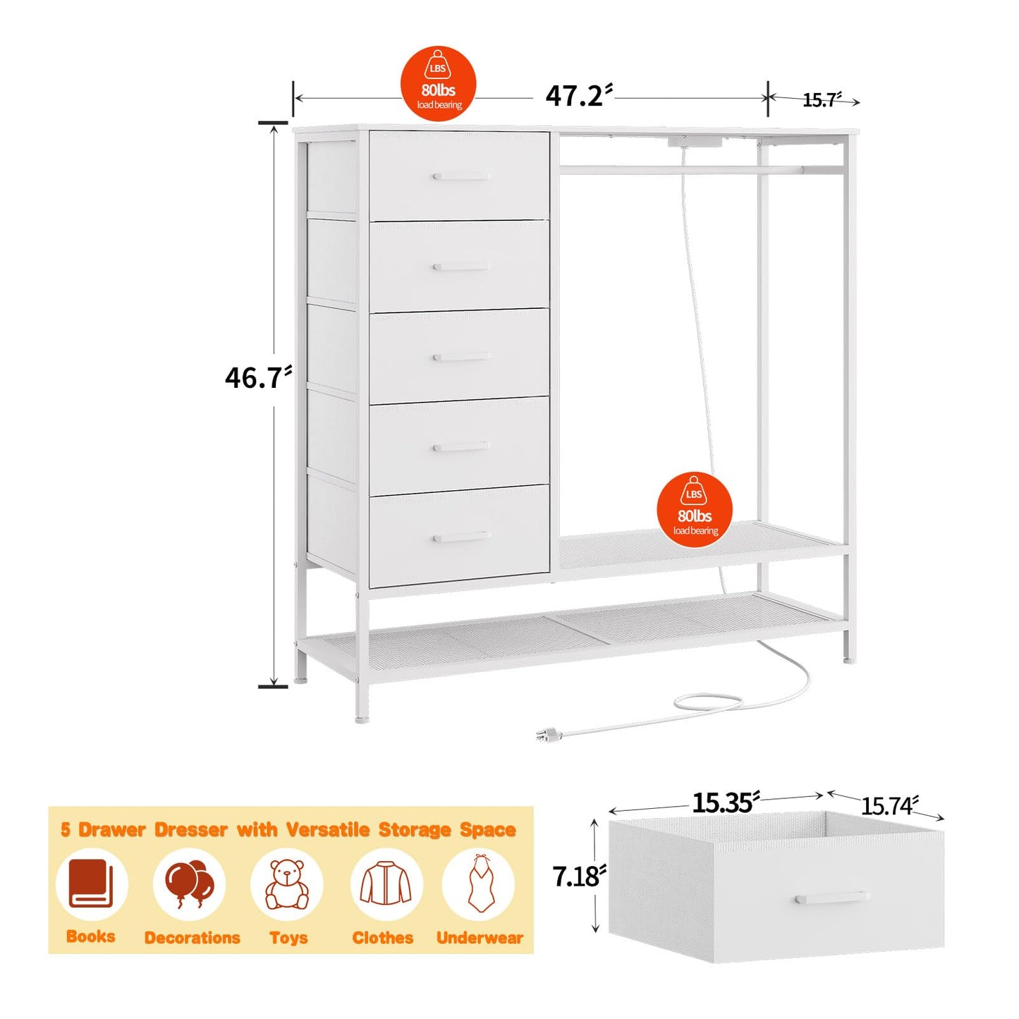 Dresser for Bedroom, Dresser with Hanging Rack Led Lights and Charging Station