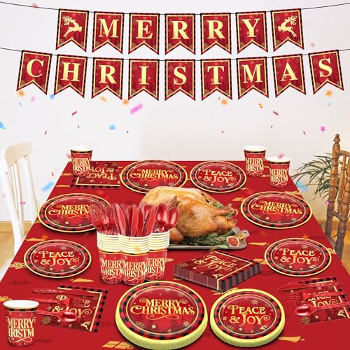 172Pcs Christmas Party Supplies Red and Black Buffalo Plaid Disposable Tableware Set Christmas Plates and Napkins, Plastic Tablecloths, Banners, Cutlery for Christmas Party Decorations