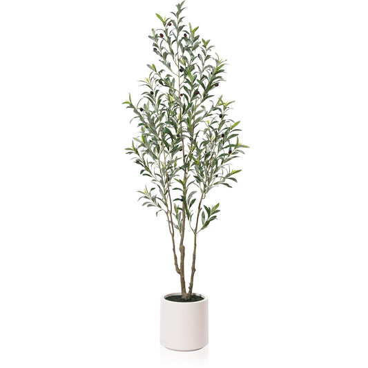 LOMANTO Olivos artificiales, olivos falsos de 6 pies de alto para interiores, árbol de seda de olivo artificial, plantas de olivo grandes con maceta blanca para decoración del hogar y regalo de inauguración de la casa, 1 paquete