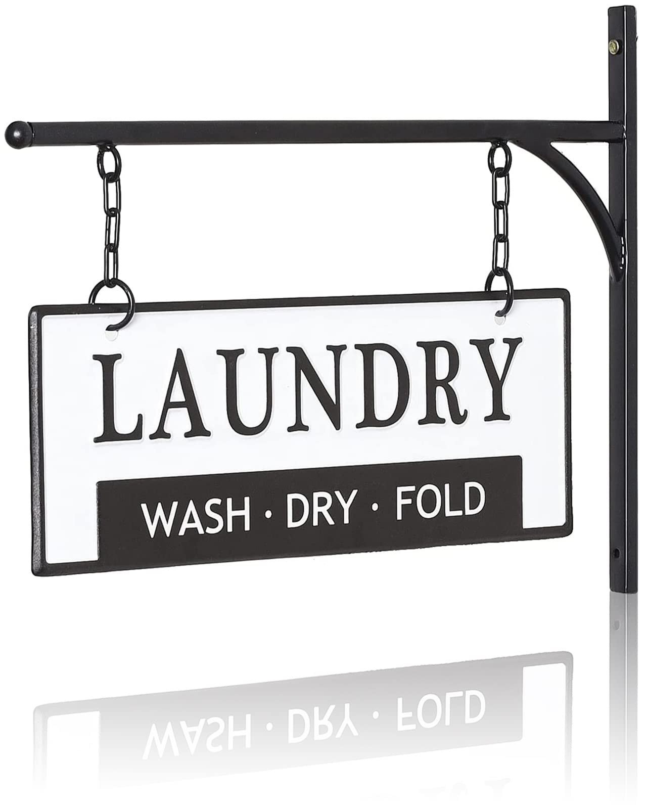 Laundry Wash Dry Fold Laundry Hanging Sign for Laundry Room, Decorative Metal Laundry Room Wall Decor, Double-Sided Embossed with Bracket - 13 x 10.5 Inchs