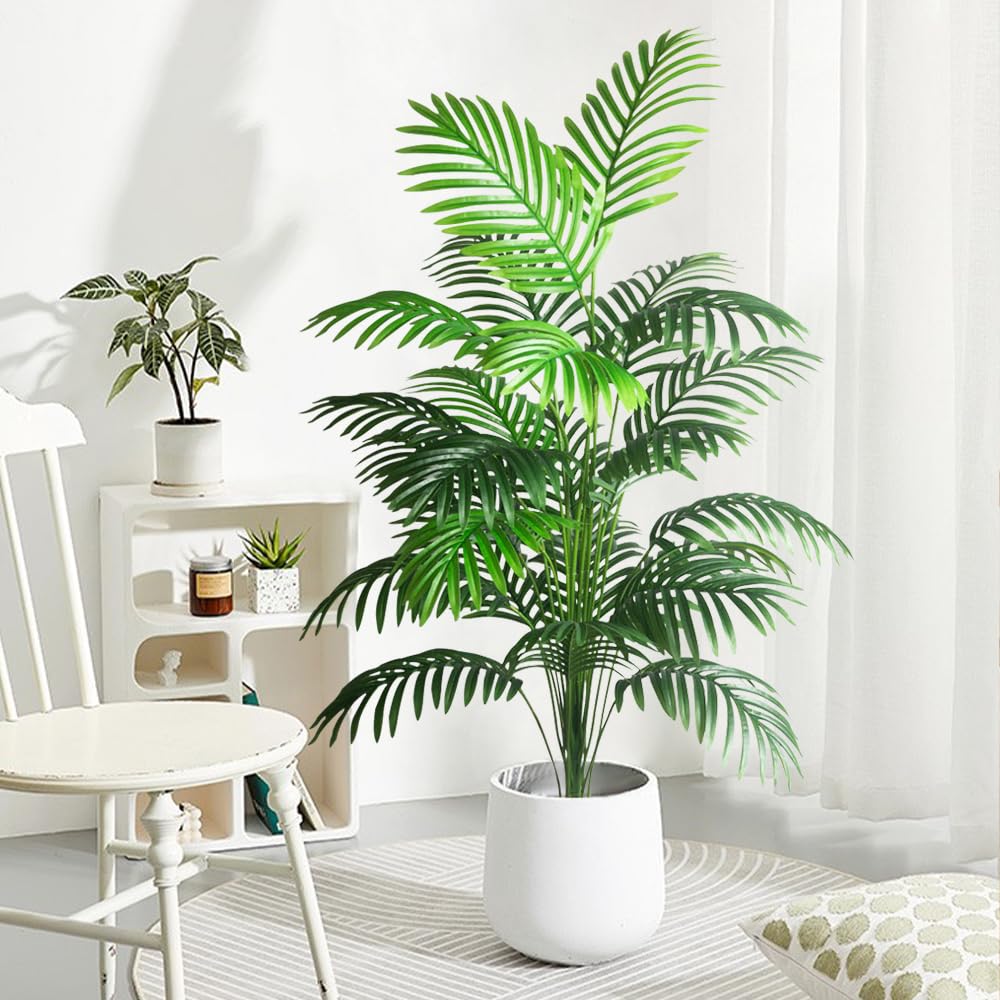 4ft 2pcs Large Artificial Plants Fake Palm Tree Tropical Palm Leaves Faux Palm Plants Tall Tree Indoor Real Touch Plastic Monstera Leaves for Home Garden Outdoor Office Decor (4ft/125cm-2pcs)