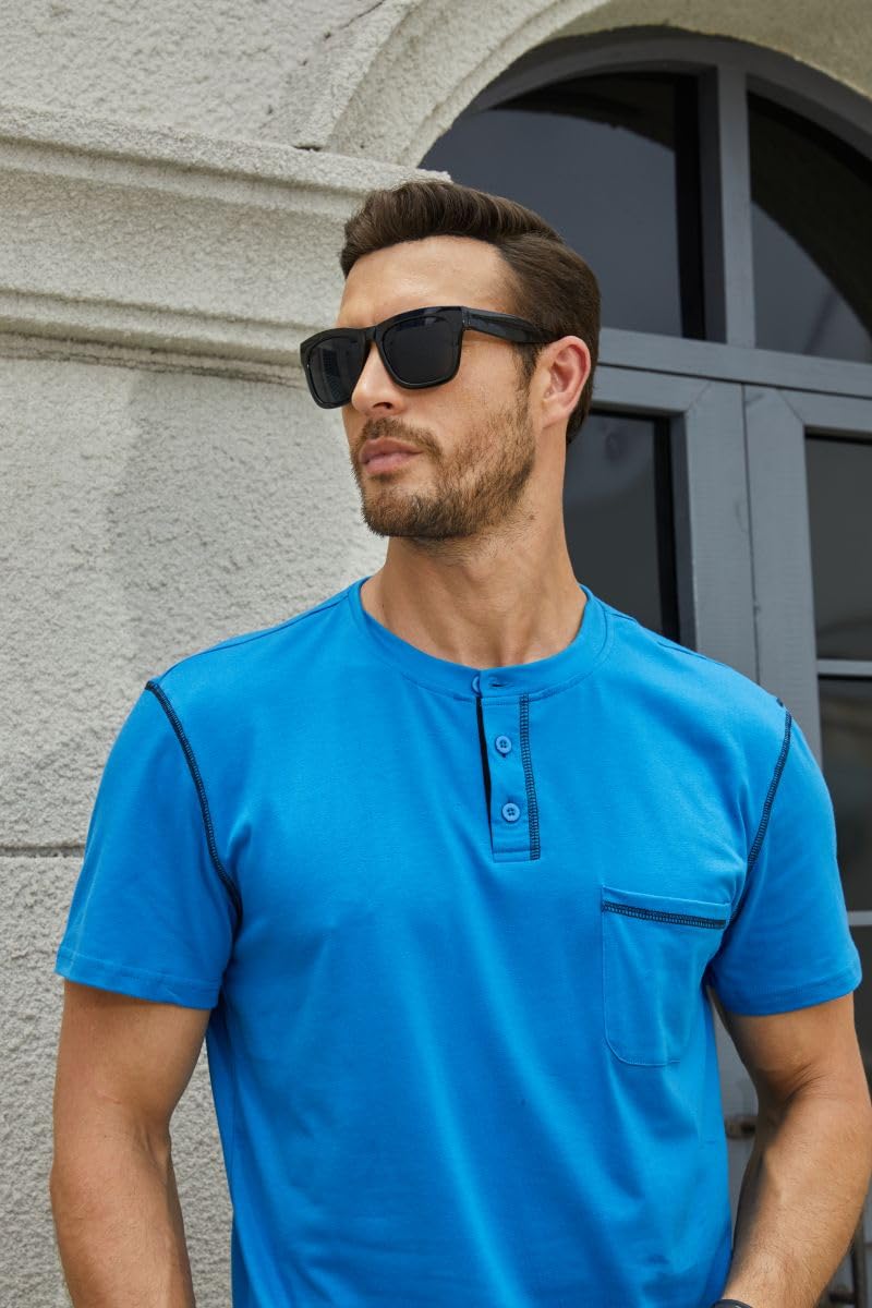 Men's Fashion Henley Shirt Classic Short/Long Sleeve Lightweight Button Cotton T-Shirt Casual Top Blue