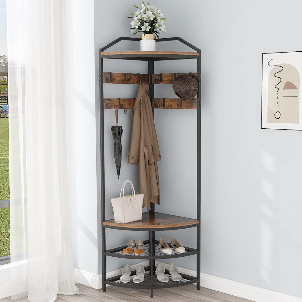 GiftGo Corner Hall Tree with Shoe Bench Entryway Coat Rack with 10 Metal Movable Hooks Freestanding