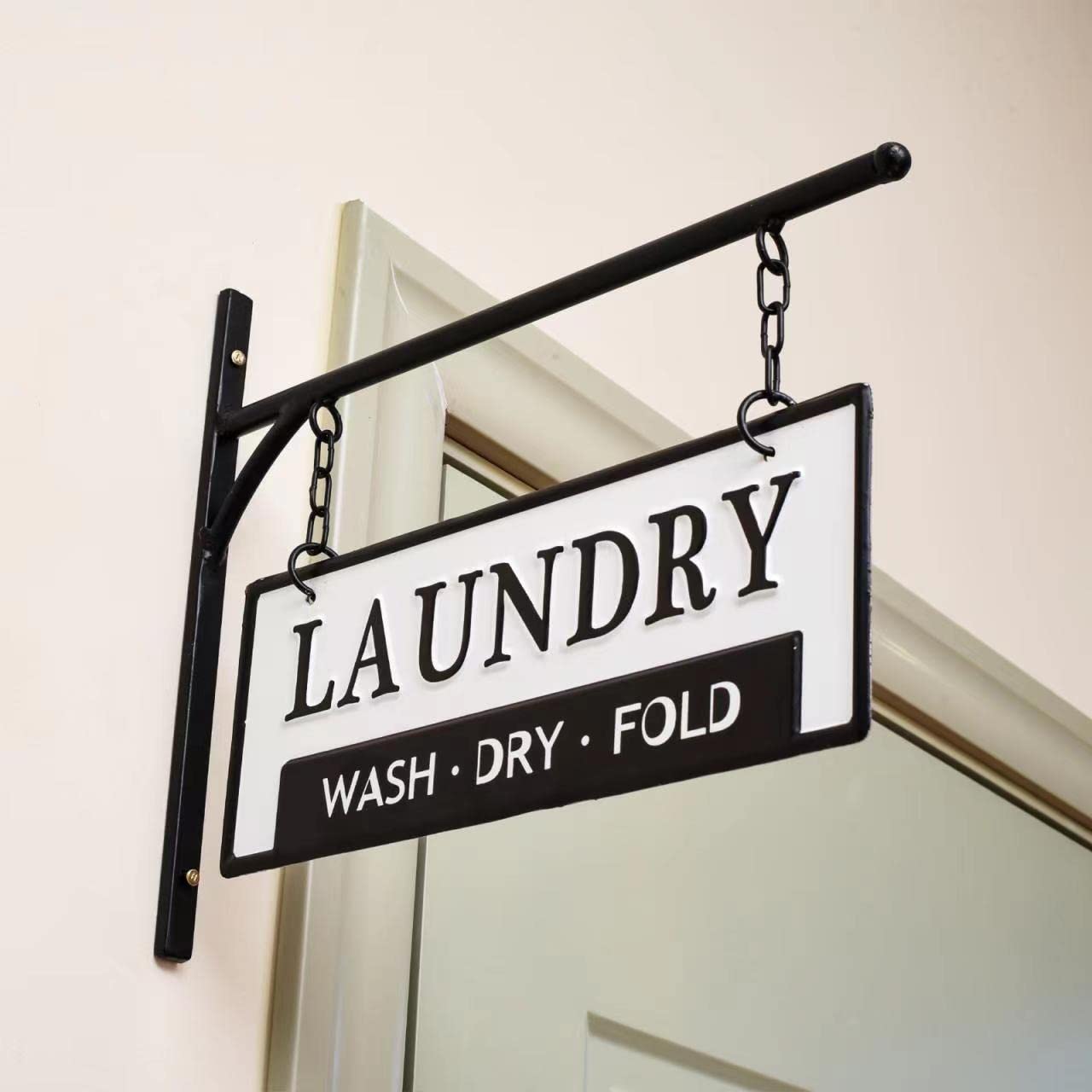 Laundry Wash Dry Fold Laundry Hanging Sign for Laundry Room, Decorative Metal Laundry Room Wall Decor, Double-Sided Embossed with Bracket - 13 x 10.5 Inchs