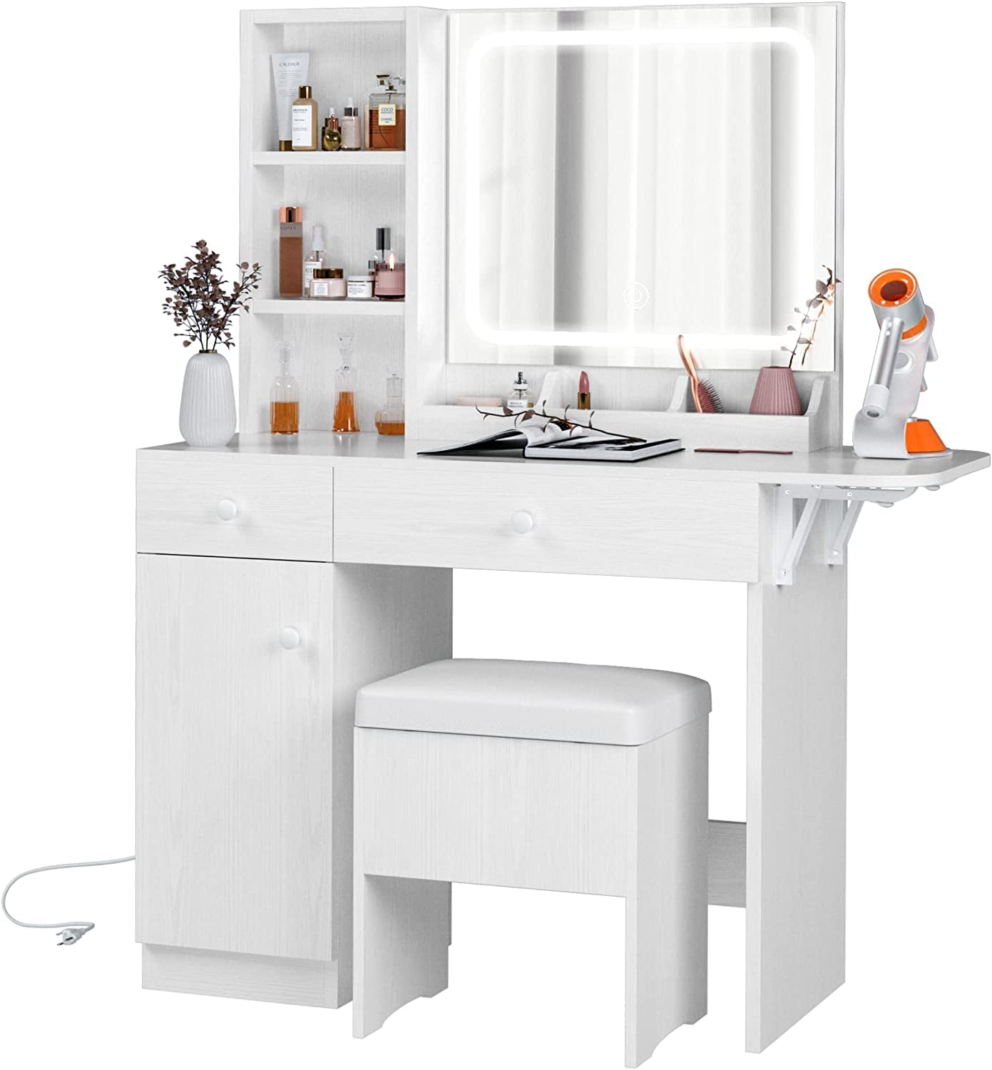 IRONCK Tocador con espejo iluminado con LED y toma de corriente, mesa de maquillaje con cajones y armario, taburete de almacenamiento, para dormitorio, color blanco