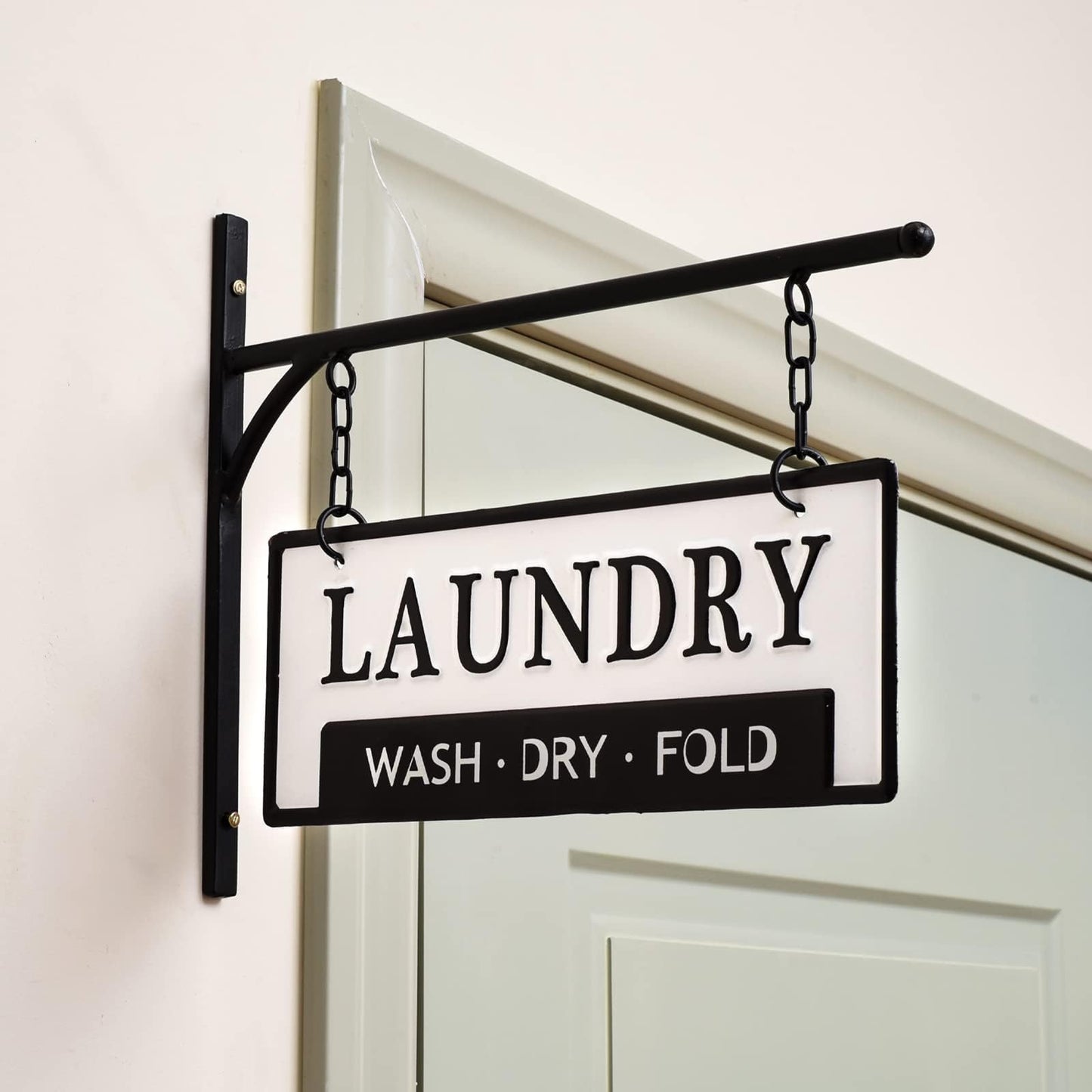 Laundry Wash Dry Fold Laundry Hanging Sign for Laundry Room, Decorative Metal Laundry Room Wall Decor, Double-Sided Embossed with Bracket - 13 x 10.5 Inchs