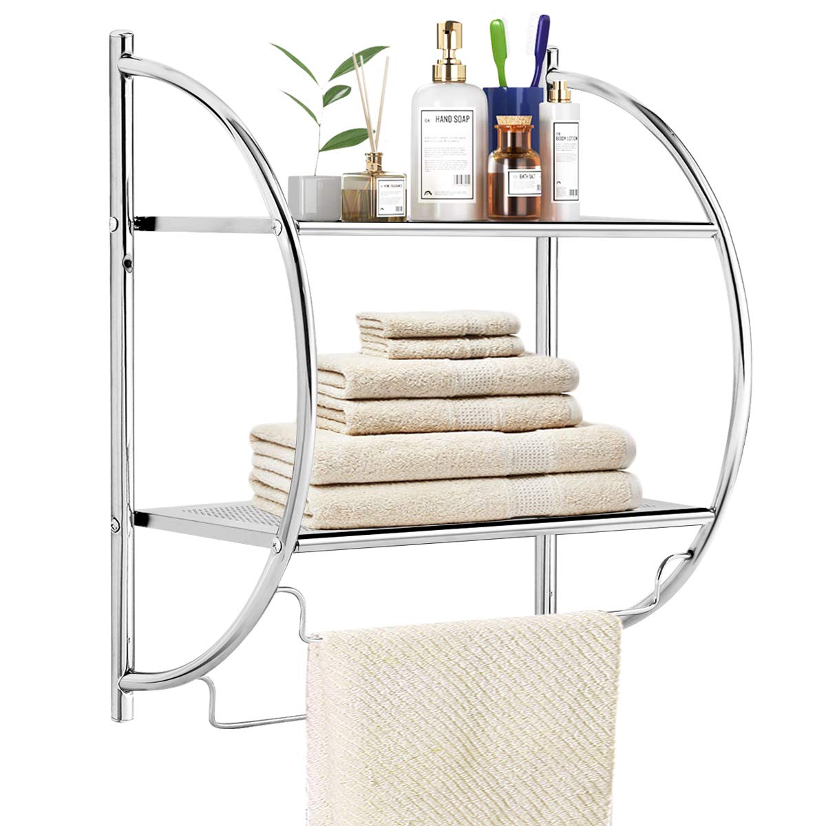 Tangkula Wall Mount 2 Tier Bathroom Shelf with Bars, 18" W X 10" D X 22" H, Chrome Bathroom Shelf, Home Toilet Double Layer Shelf, Rustproof Chrome Shelf