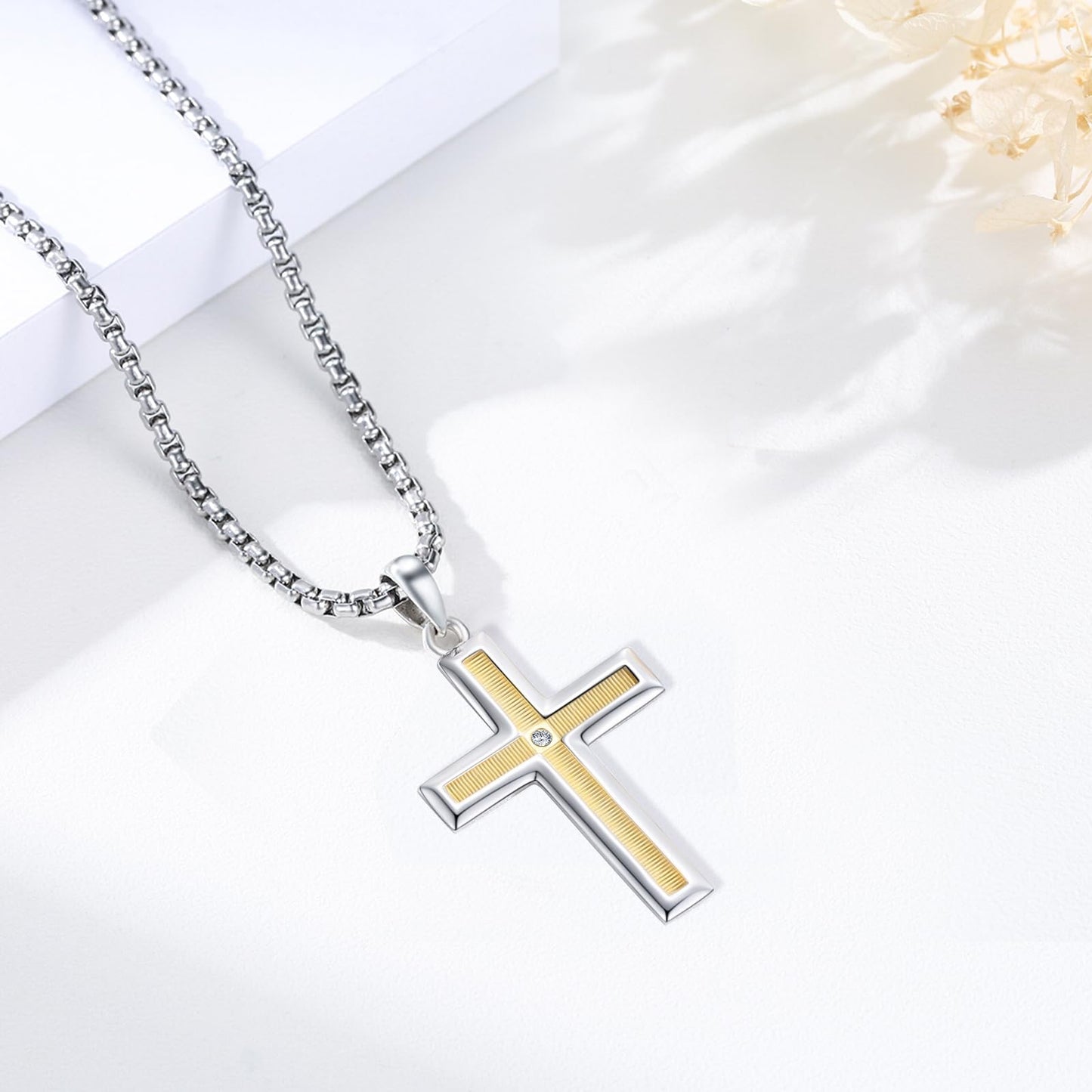 CRWENG Cross Necklace for Men 925 Sterling Silver Cross Pendant Necklace 14K Gold Plated Cross Necklace Jewelry Religious Gothic Punk Necklace Birthday Christmas Gift for Men