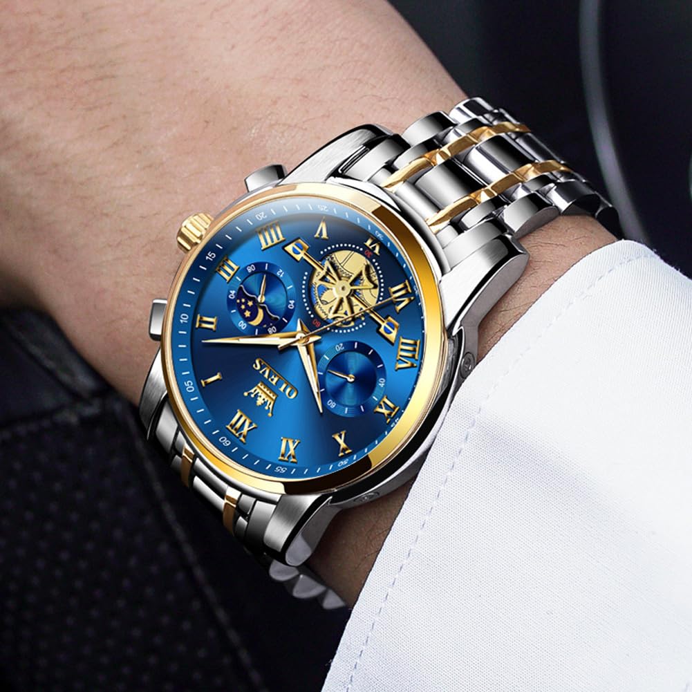 Gold and Blue Mens Watch Chronograph Two Tone Luxury Stainless Steel Multi-Function Big Face Watches for Men Tourbillon Waterproof Dress Quartz Analog Men's Wrist Watch Reloj De Hombre