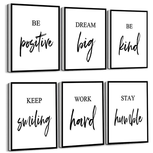 Inspirational Wall Art, Framed Motivational Canvas Wall Art Positive Quote for Living Room Bedroom Office, Stretched Ready to Hang (Set of 6, 8X10in, Framed)