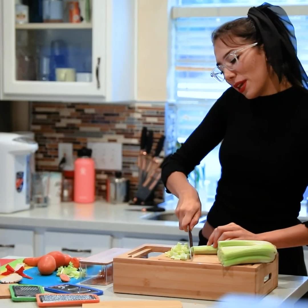 Tabla de cortar de bambú Zeembu con recipientes y tapetes para preparar comidas rápidamente. Tabla de cortar resistente y multifuncional con recipientes apilables para un fácil almacenamiento. Gran regalo para los entusiastas de la cocina.